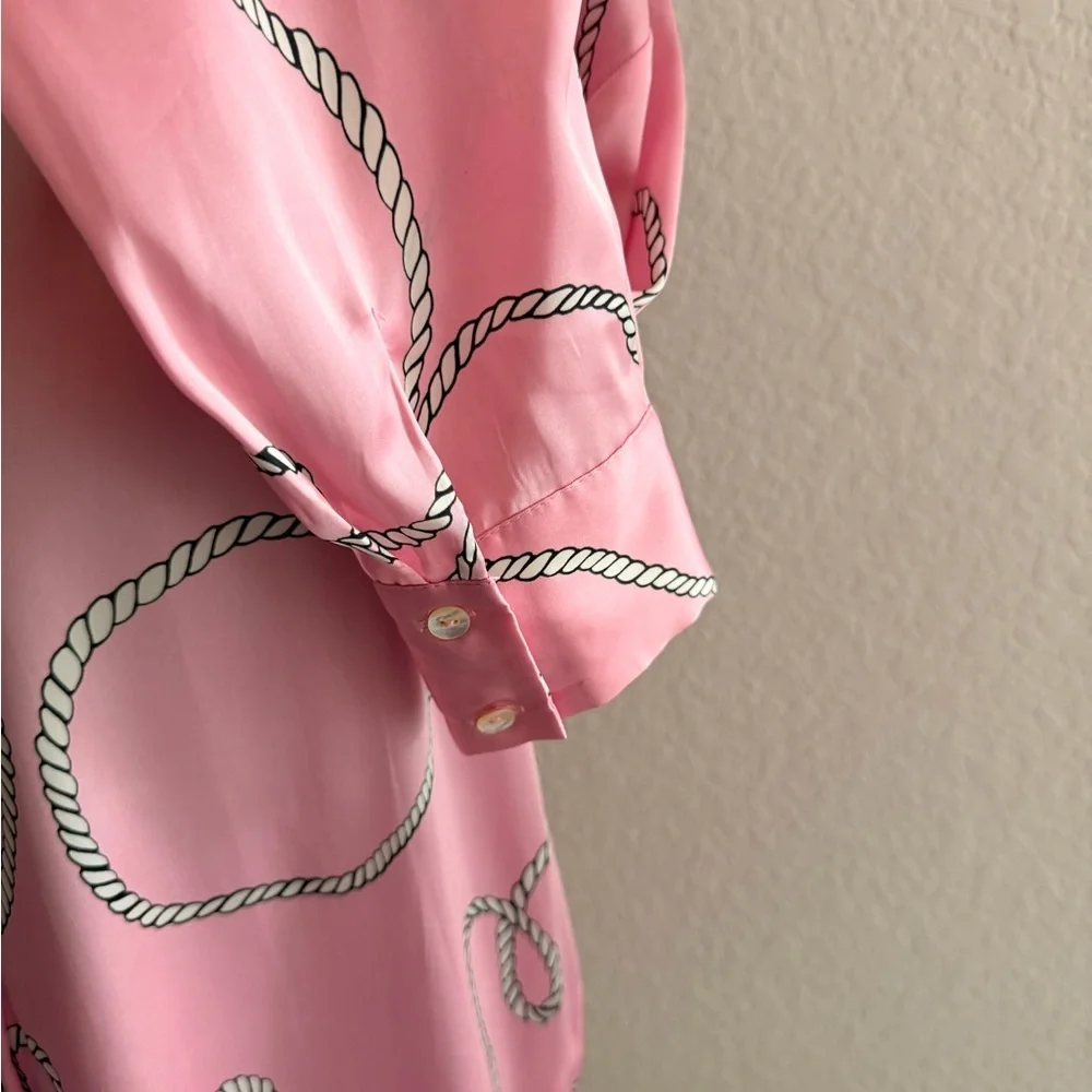 ZARA Satin Pink Rope & Chain Print Button Down Shirt | Nautical Chic